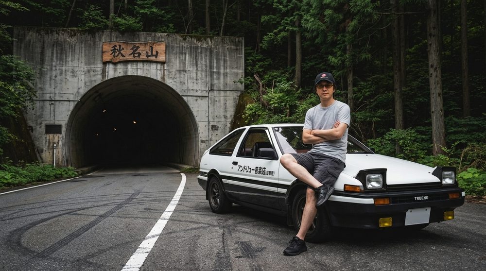 陳子詠坐喺白色 AE86 Trueno 車頭，背後係秋名山隧道