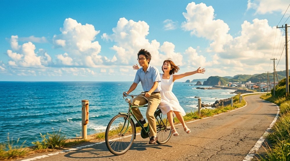 一對情侶踩單車經過海邊公路，夏日白雲